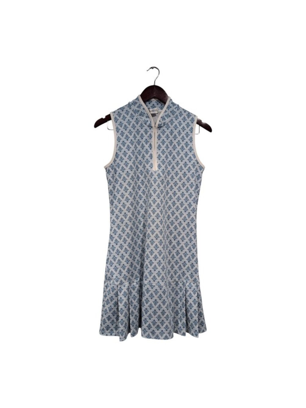 Sigrid Olsen Tank Dress Tennis Golf Sport 1/4 Zip V-Neck Pleats Blue Floral Sz S